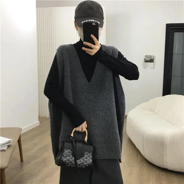 大码胖mm针织马甲女秋款韩版休闲宽松背心外穿无袖毛衣中长款马夹