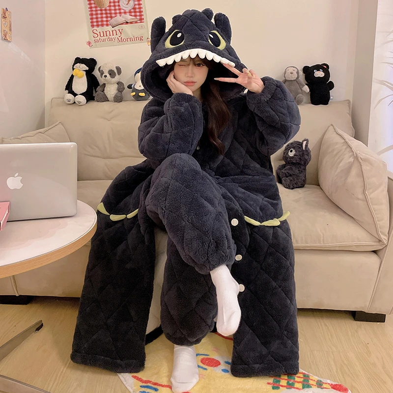 秋冬季卡通连帽睡袍女珊瑚绒三层夹棉加绒加厚舒适保暖家居服睡衣