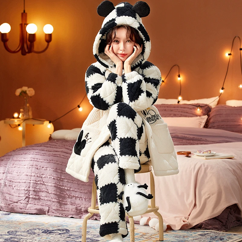 2023秋冬季新款格子兔子睡衣三层夹棉加厚保暖睡衣女款家居服冬天