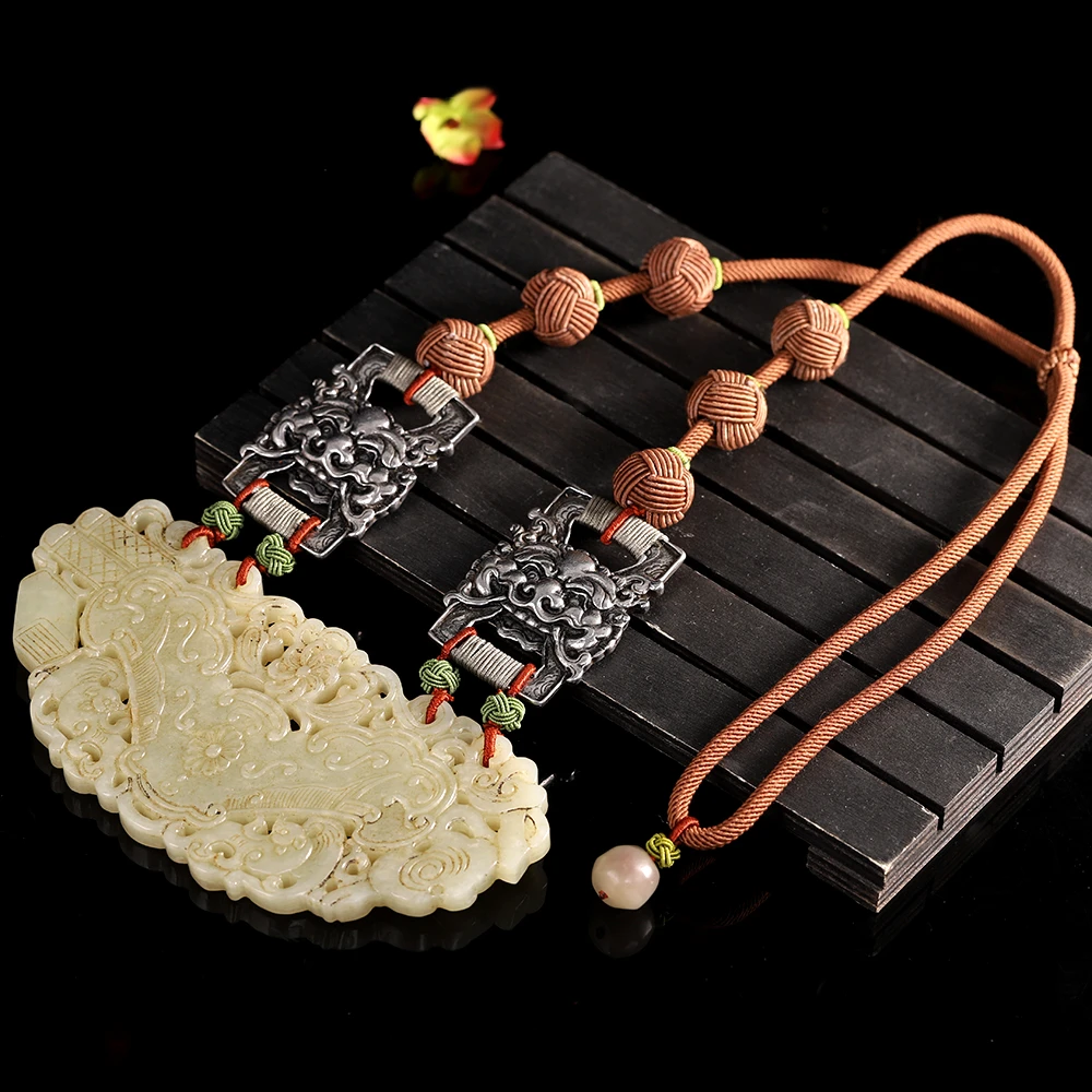 二店  和田玉吉庆有余设计项链纯手工复古雕刻坠链镶嵌民族风