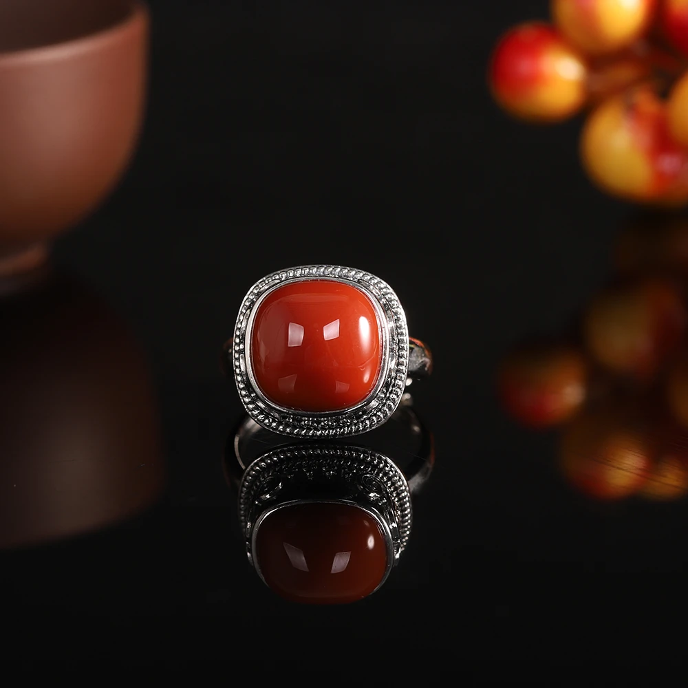南红正方形大蛋面925银戒指