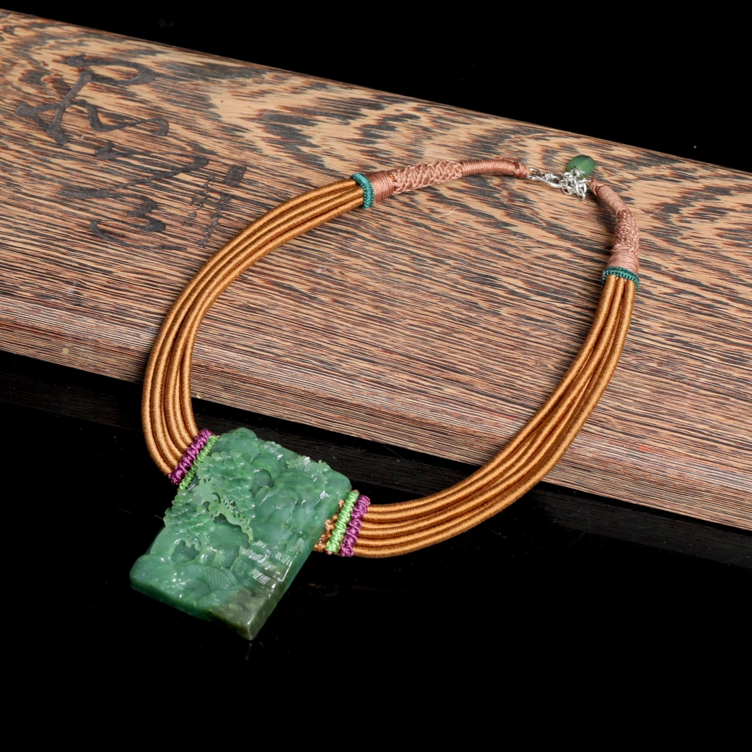 和田玉碧玉山水牌925银 设计项链手工编织时尚百搭绿吊坠复古精美
