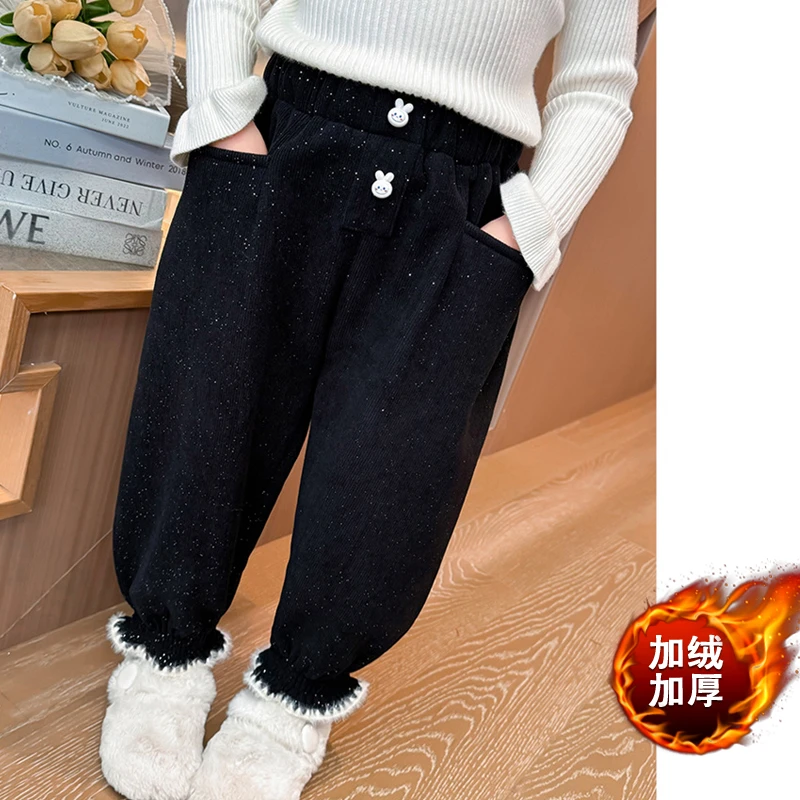 女童洋气花边休闲裤秋冬款加绒2024新款儿童保暖宝宝加厚裤子冬装