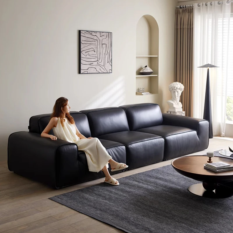 应人而意大黑牛直排全真皮沙发意式轻奢豆腐块头层牛皮客厅家具