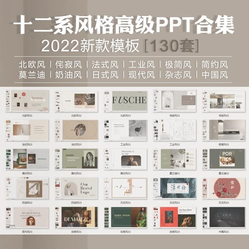 十二系风格高级室内设计排版PPT模板合集方案汇报高端家居简约风