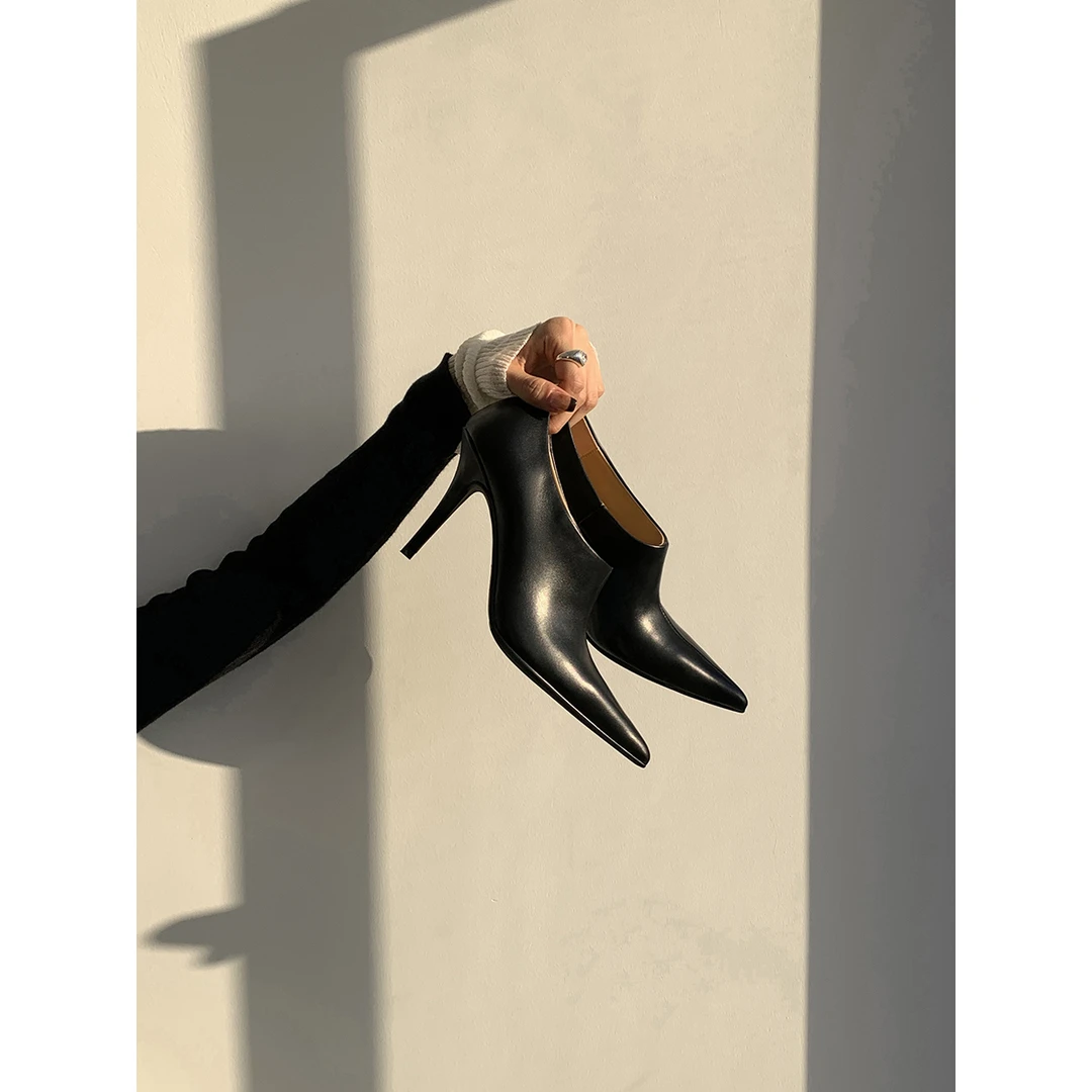 绝美尖头细跟高跟鞋女新款深口单鞋及裸靴爆款小个子高级不累脚