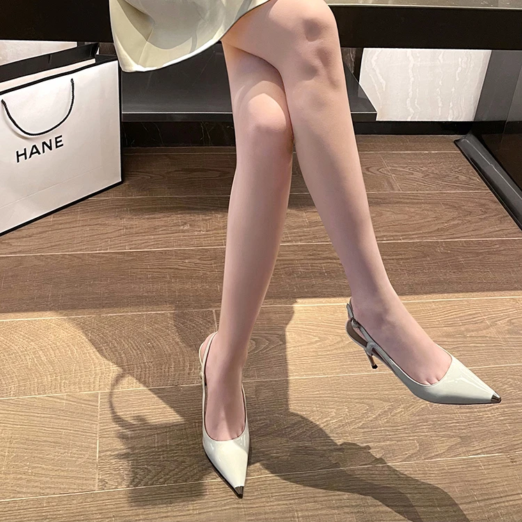 轻奢时尚尖头高跟鞋女细跟2023夏新款漆皮包头凉鞋女一字带爆款