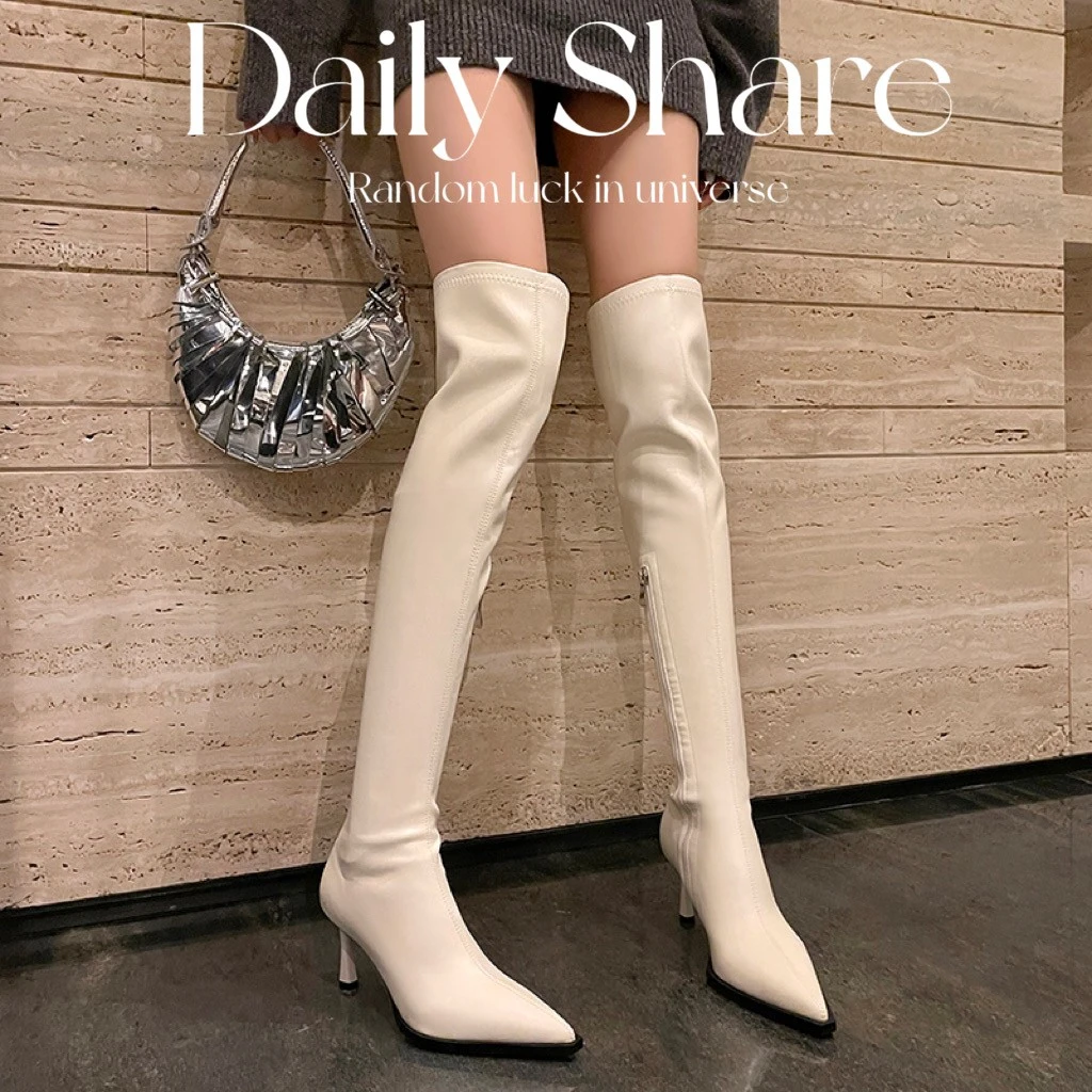 过膝长靴女秋冬新款尖头高跟鞋细跟白色高筒瘦瘦靴洋气爆款高级感