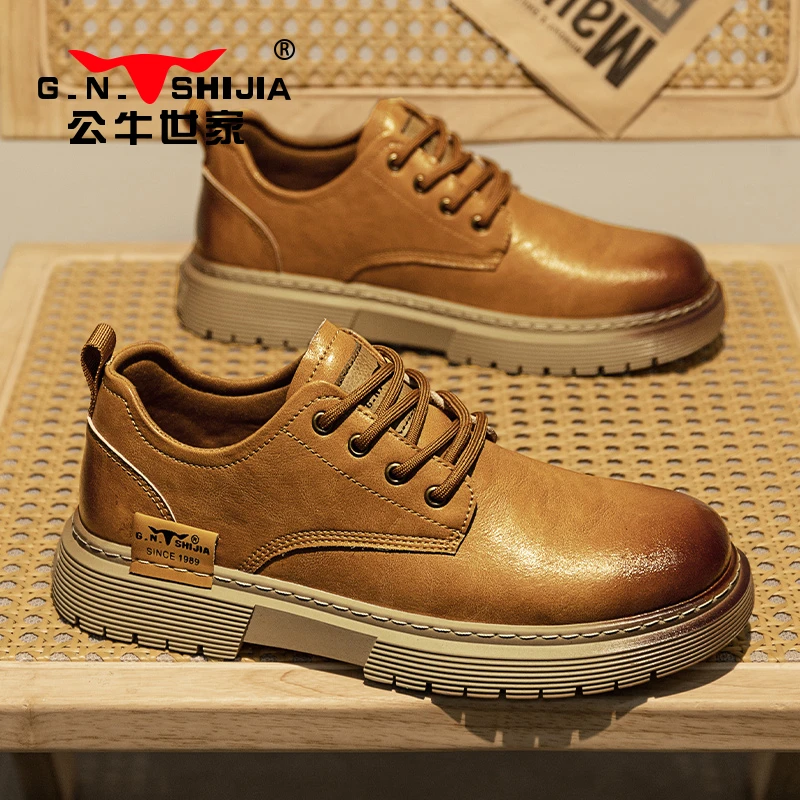 公牛世家低帮马丁靴男款秋冬复古厚底休闲皮鞋男士商务大头工装鞋