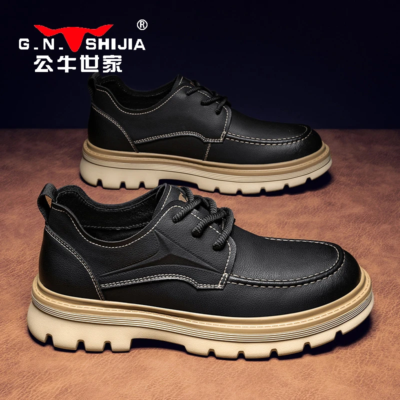 公牛世家工装鞋男款秋季英伦低帮马丁靴男士时尚百搭防滑休闲皮鞋