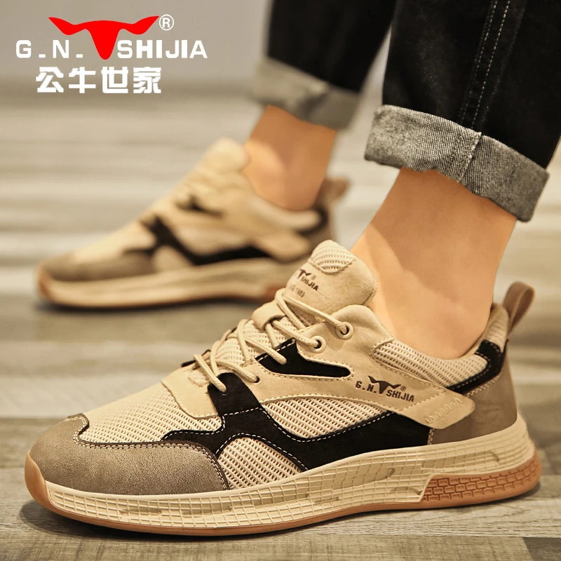 公牛世家男鞋2024春季网面透气运动百搭休闲鞋男防滑软底复古板鞋