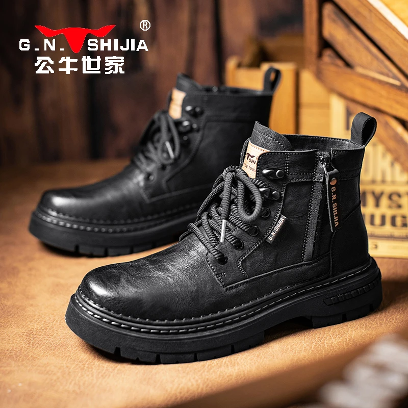 公牛世家马丁靴男款秋冬英伦风高帮皮鞋男士增高黑色机车工装靴子