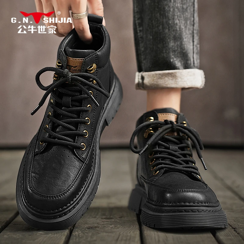 公牛世家高帮男鞋秋冬黑色帅气休闲皮鞋男士厚底复古工装马丁靴子