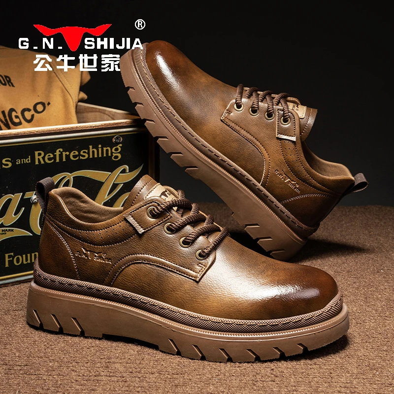 公牛世家工装鞋男秋冬户外休闲厚底大头皮鞋男英伦低帮增高马丁靴