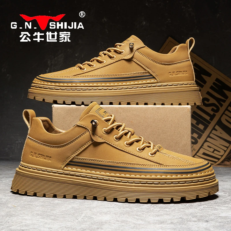 公牛世家男鞋春季复古小众皮面板鞋低帮厚底休闲运动跑步软底潮鞋