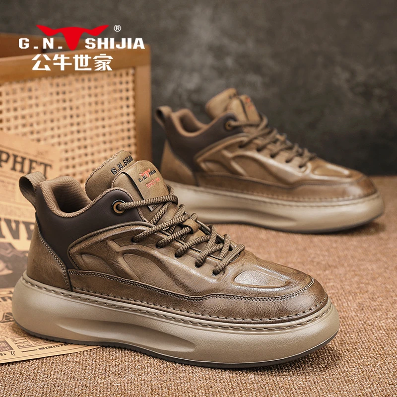 公牛世家高帮鞋男秋冬复古休闲皮鞋男运动厚底增高加绒保暖老爹鞋