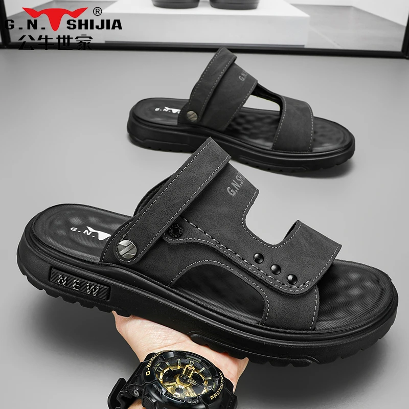 公牛世家皮凉鞋男款夏季外穿运动两用户外涉水防滑爸爸开车沙滩鞋