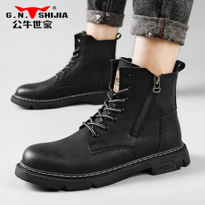 公牛世家男鞋马丁靴2023夏秋皮鞋时尚复古英伦风侧拉链高帮工装靴