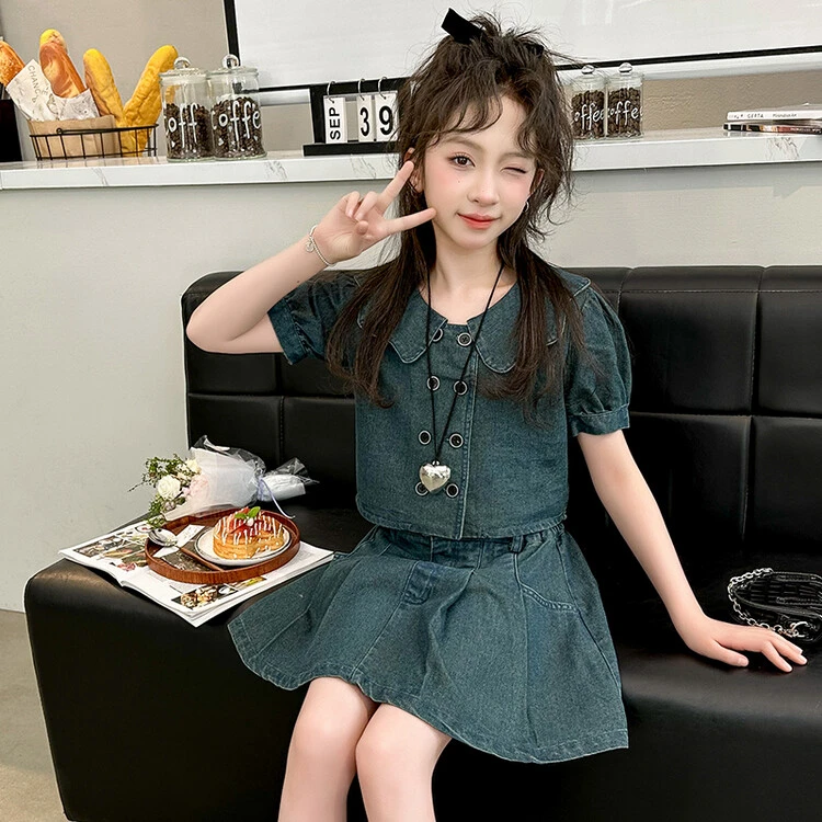 儿童女孩夏季时尚洋气中大童甜美牛仔裙套装