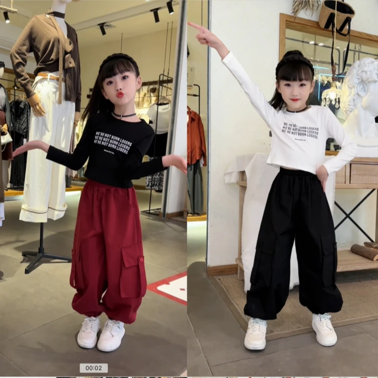 女童新款字母辣妹长袖T恤2024韩版洋气秋季时尚百搭宽松工装裤潮