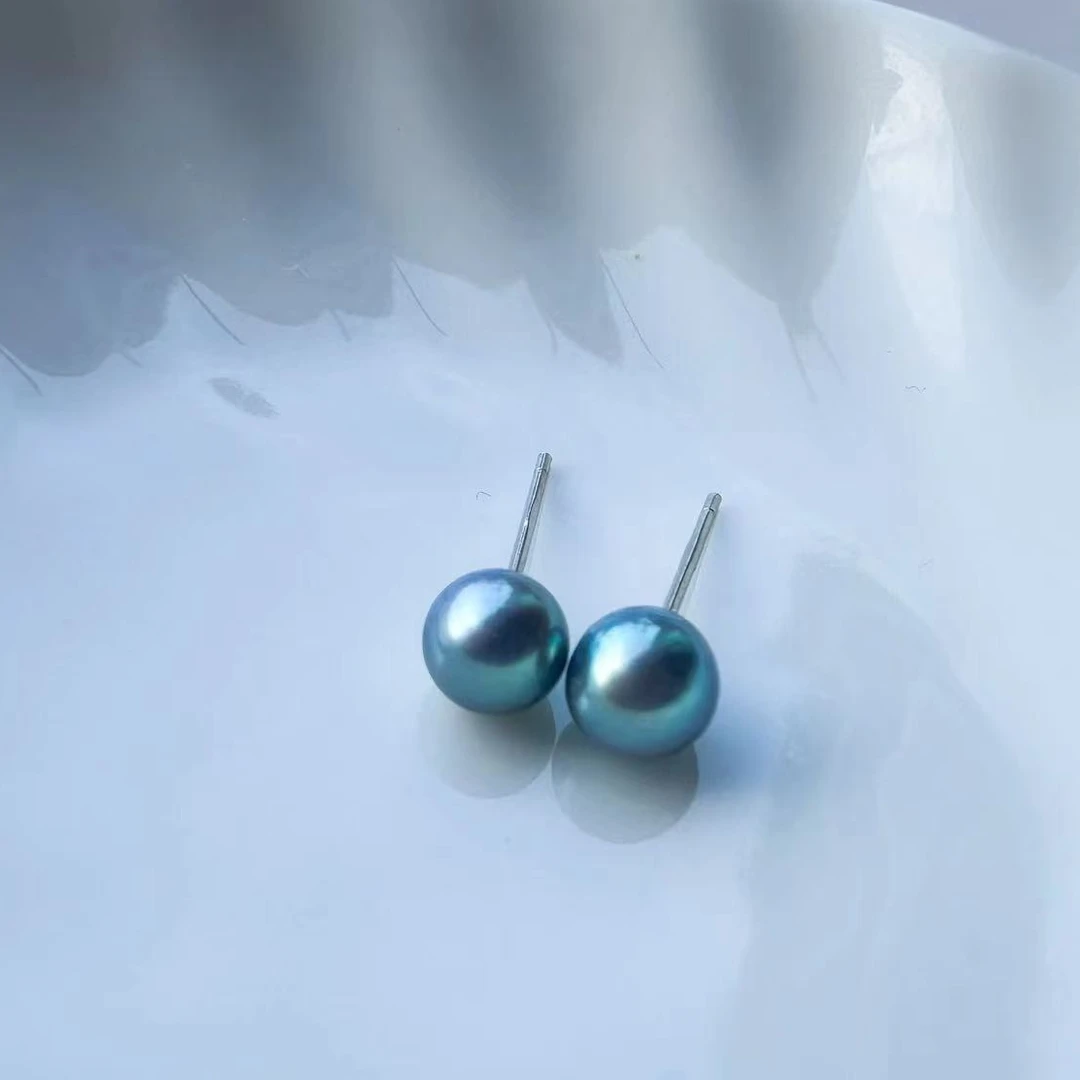 禧家天然海水珍珠akoya真多麻色5.5-6mm+S925银耳钉蓝色时尚百搭