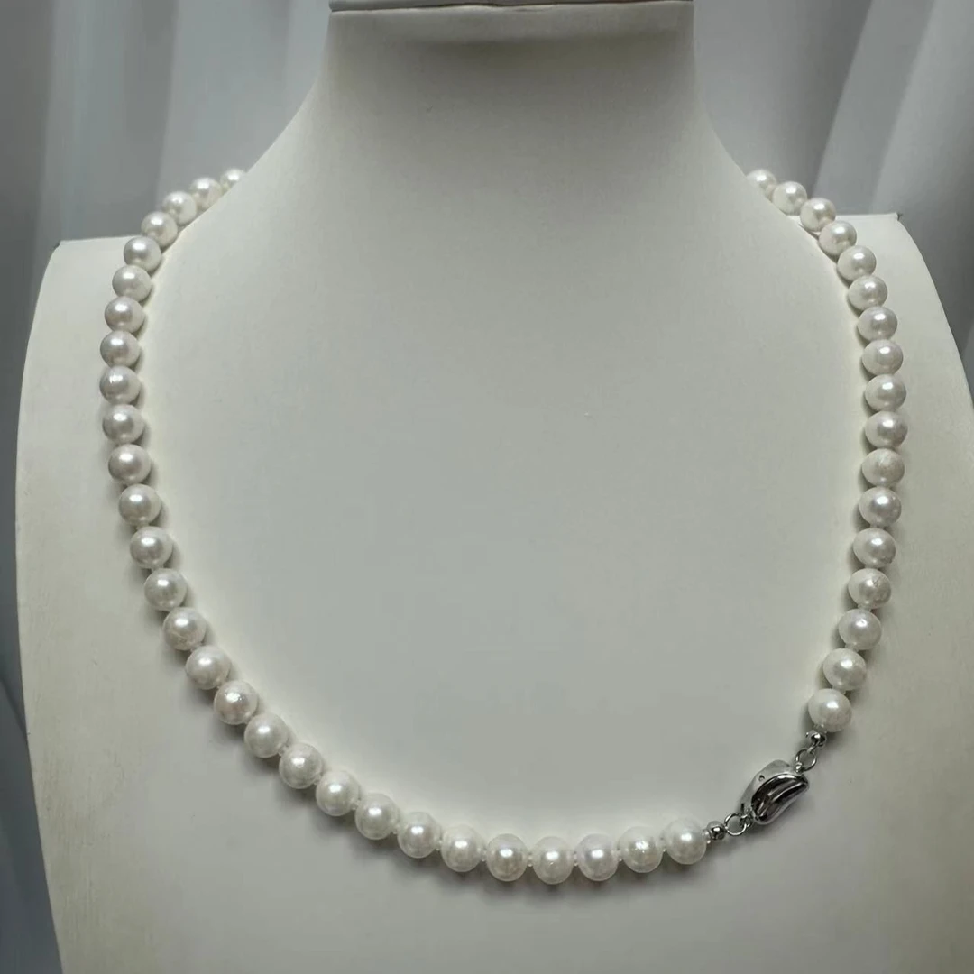 禧家天然海水珍珠项链AKOYA有破皮6.5-7mm+S925银扣头项链白色