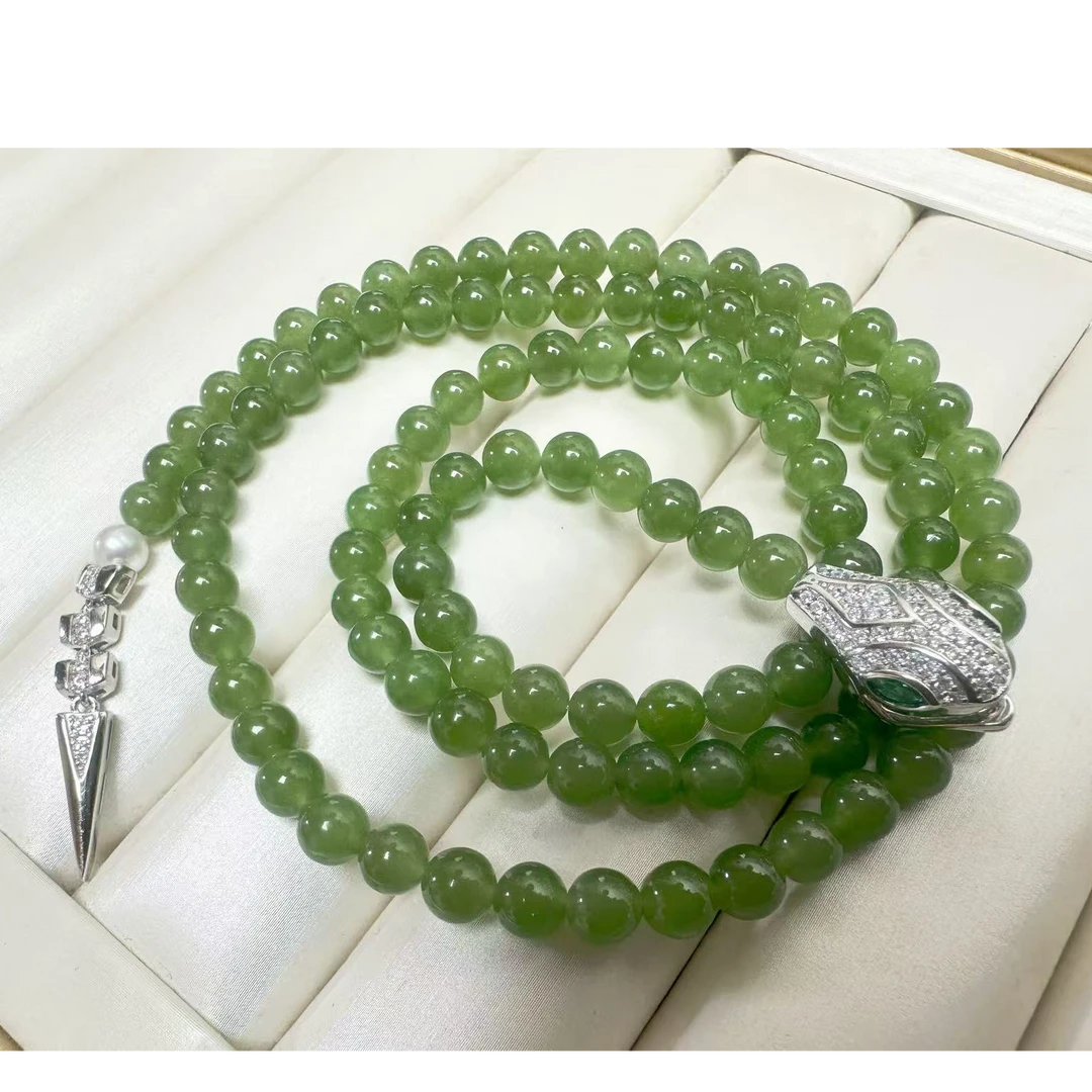 天然淡水珍珠5.5mm+俄玉6mm+S925银扣头毛衣链绿色气质时尚百搭