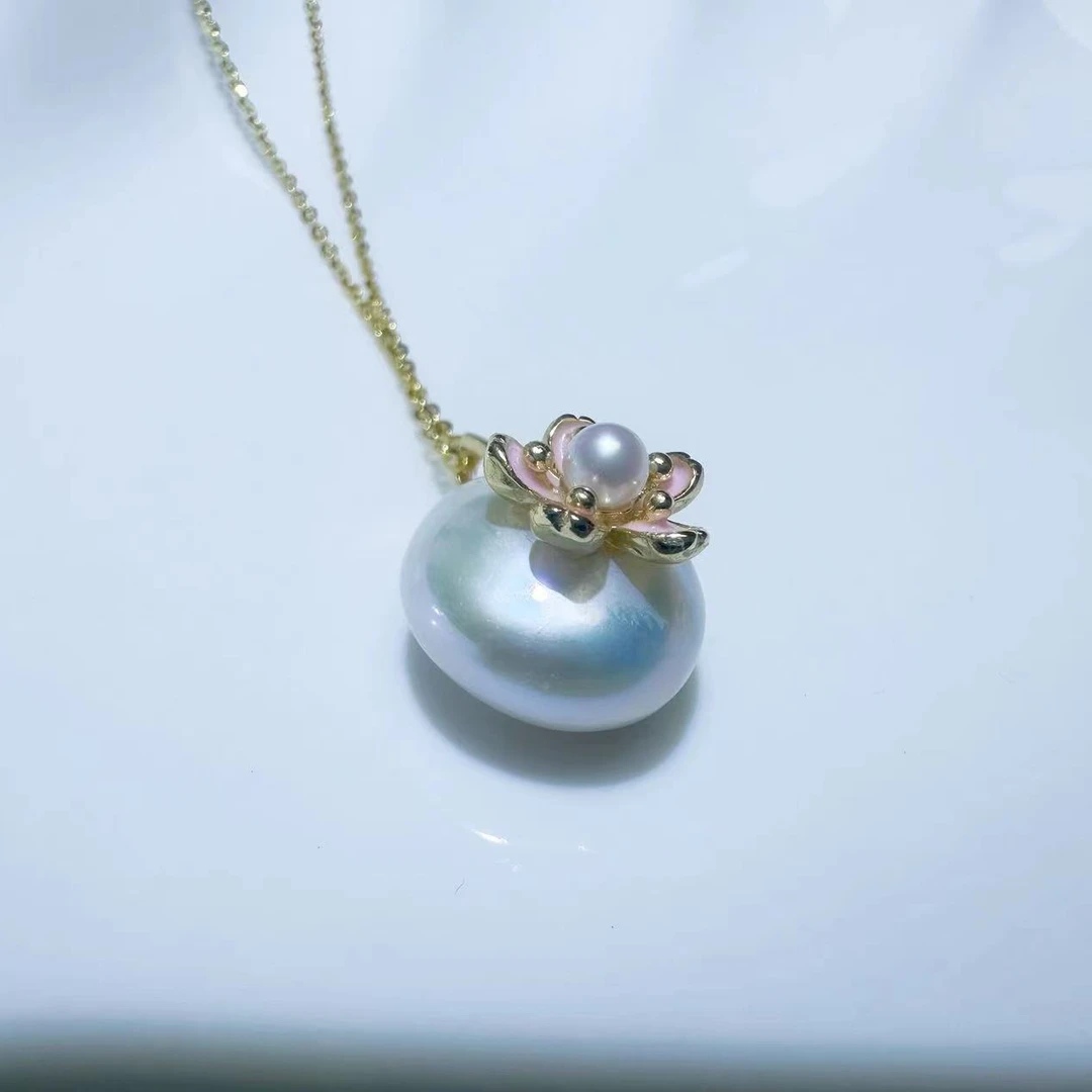 天然淡水珍珠纽扣13.8-14.8mm+S925太阳花吊坠赠银链（直发无证书）