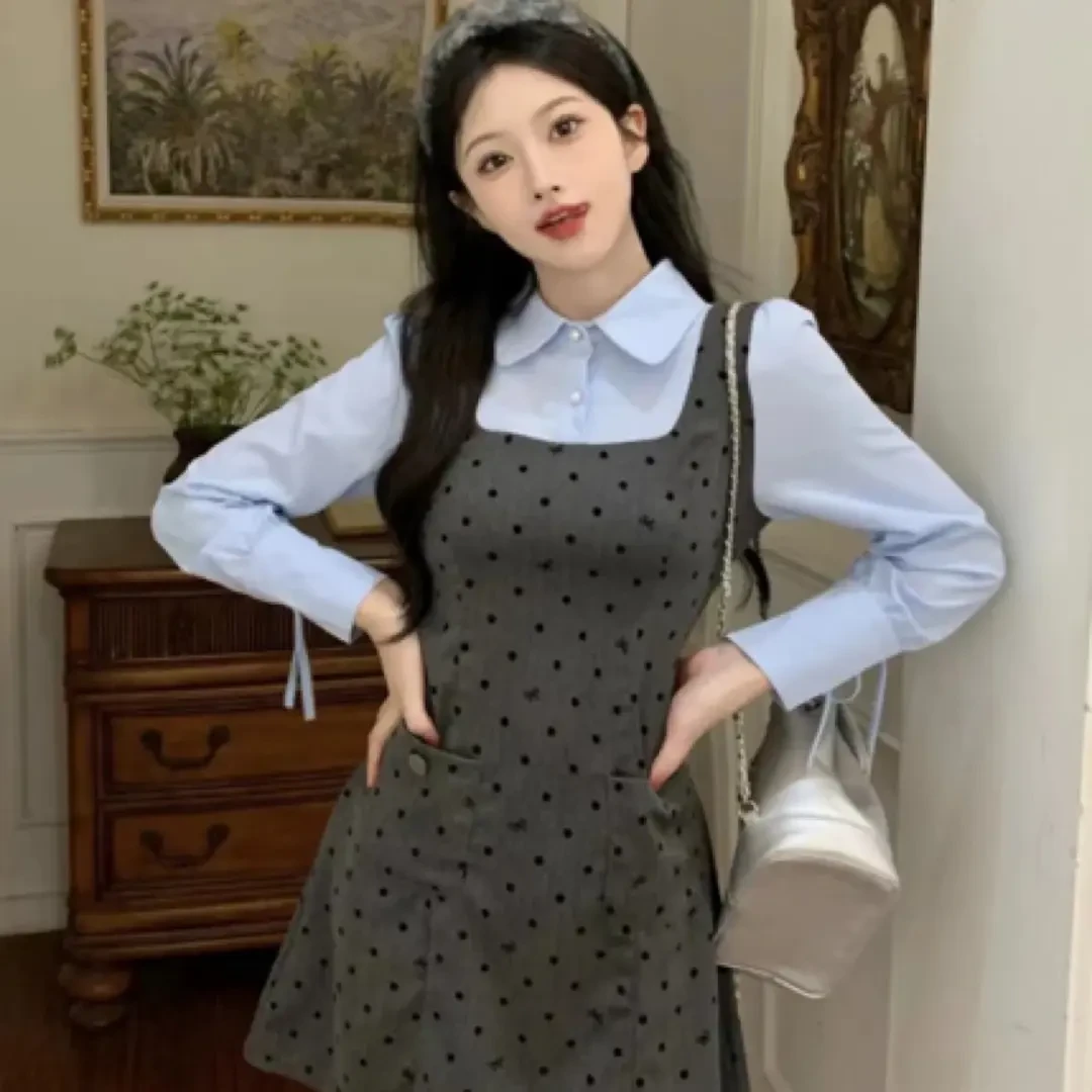 胖胖美女乖巧A字版波点裙连衣裙温柔知性风格