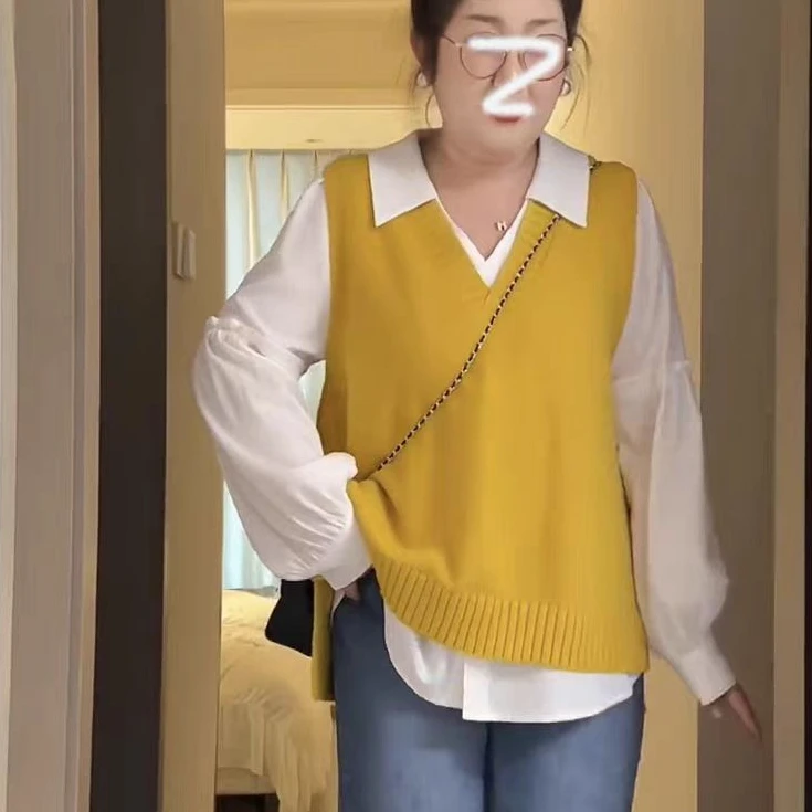 【清仓】【两件套】070遮肉衬衫上衣大码女新款秋季显瘦马甲针织背心