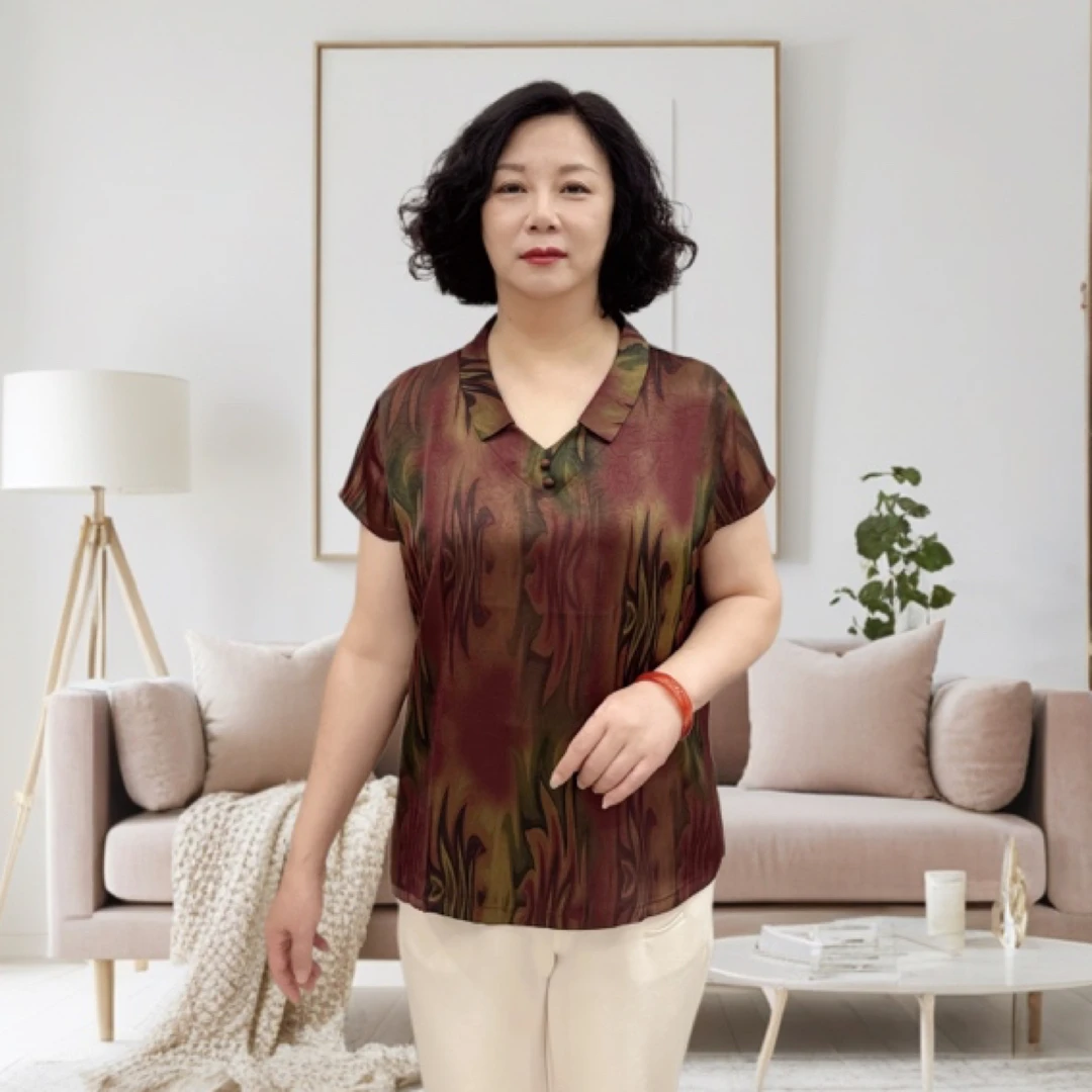 夏季气质宽松中老年妈妈装半袖小衫重磅打底衫女士印花花色女装