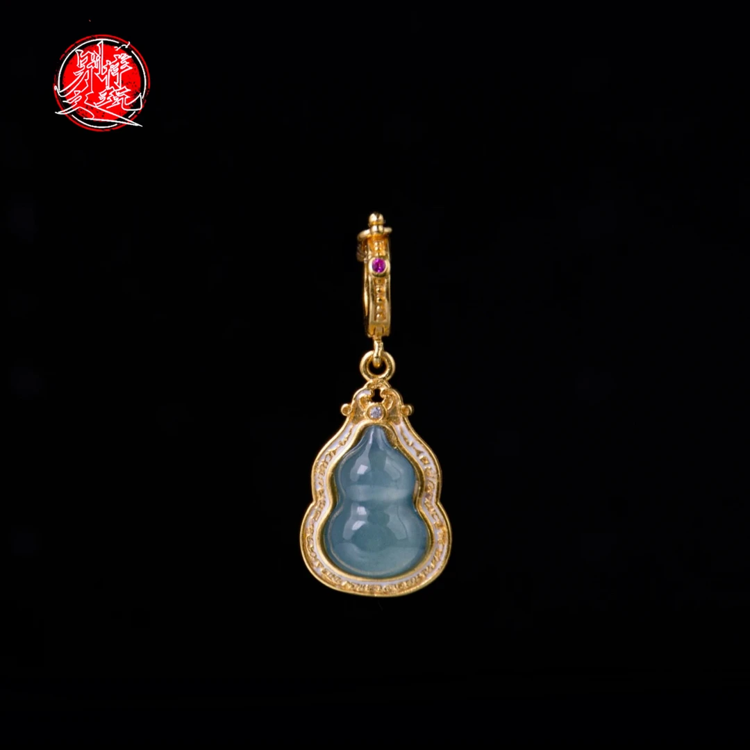 S925古法烧蓝银渡金镶嵌天然A货冰底蓝水翡翠精美万能扣葫芦挂坠