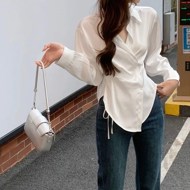 2023春夏新款法式白色醋溜缎面衬衫女小个子衬衣别致漂亮小衫上衣