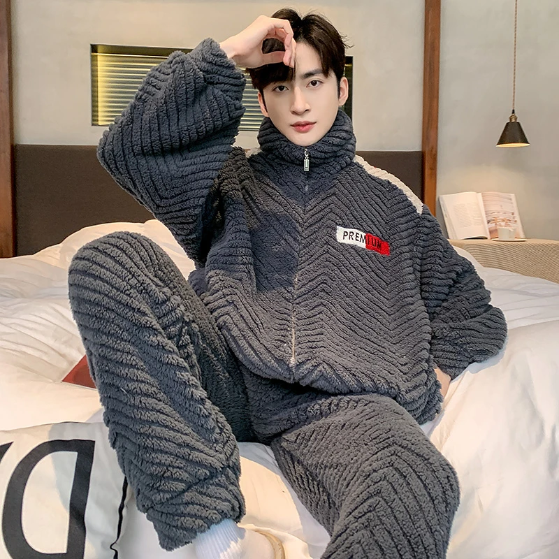 珊瑚绒睡衣冬季新款男士潮流加绒加厚保暖拉链可外穿家居服套装