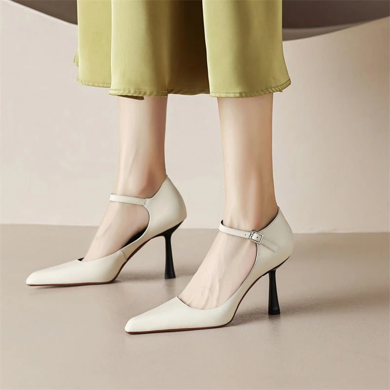 TOUCH MISS小众高级感真皮一字扣带浅口高跟鞋女尖头细高跟单鞋