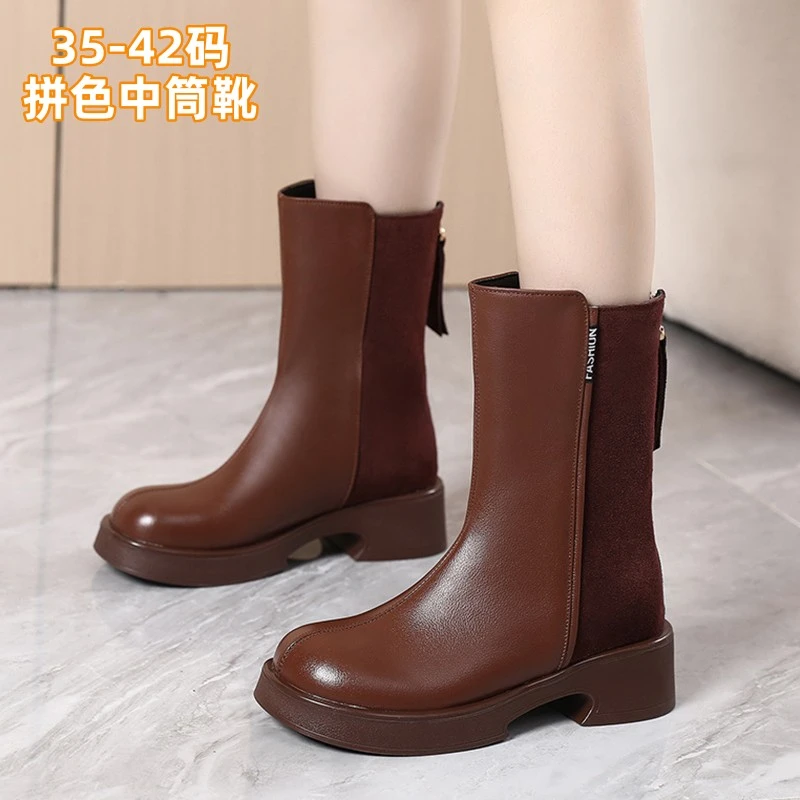 2023秋冬牛皮中筒靴拼色皮后拉链轻松单里棉里大码女皮靴40-41-42