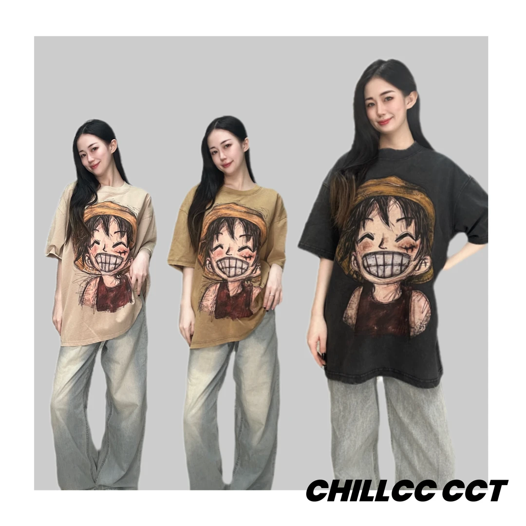 【傻笑路飞】Chill CCT321 Oversize 洗水做旧宽松纯棉手绘T恤男