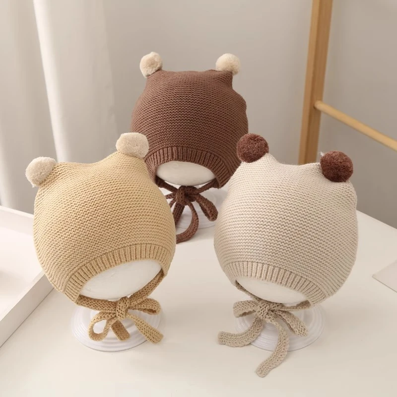 婴儿帽子秋冬韩版超萌可爱系带护耳帽0-6个月新生儿宝宝针织帽冬3