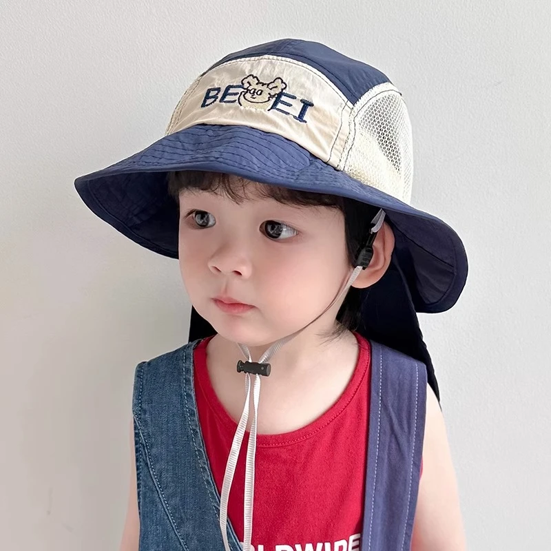 儿童遮阳帽夏季网渔夫帽大檐防晒男女童戴披肩宝宝沙滩帽防紫外线