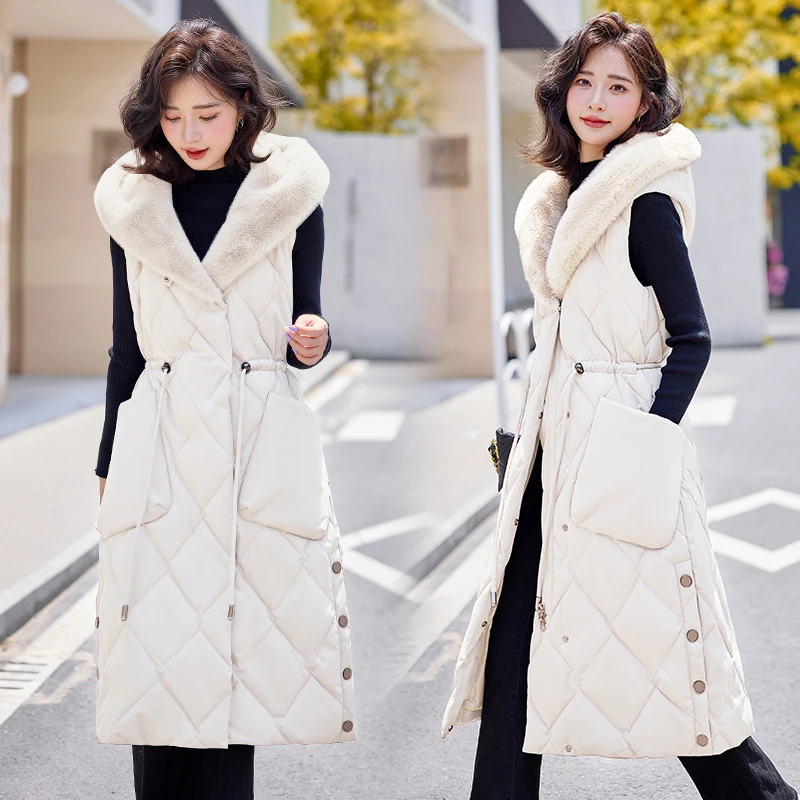 MJ2126中长款女士马甲显瘦时尚连帽修身加厚保暖韩版冬季大毛领