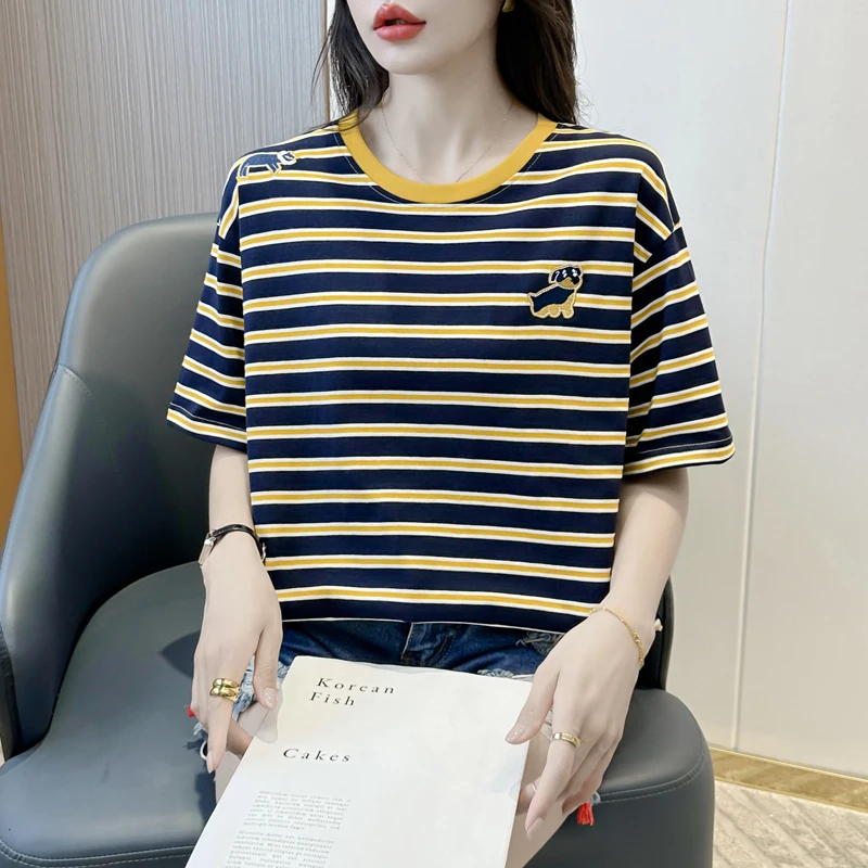 条纹T恤圆领宽松短袖女大码打底夏季半袖上衣刺绣YH-104-0702