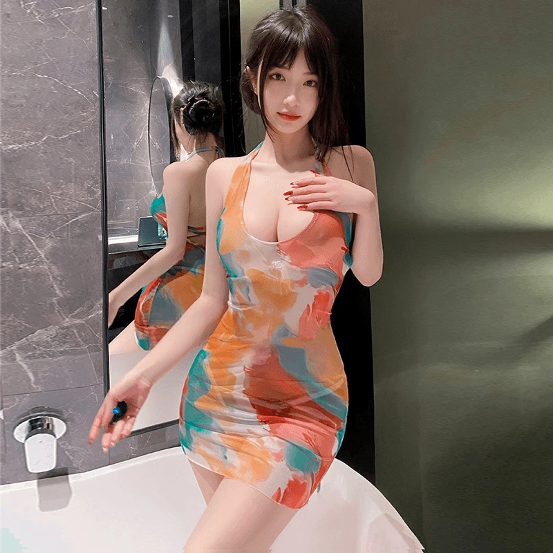 桃惑露背连衣裙印花晕染包臀裙海边度假纯欲辣妹挂脖开叉连衣裙