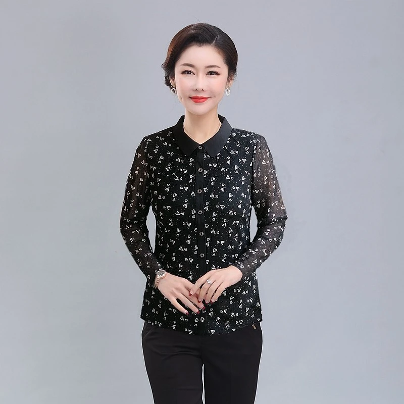 台湾网纱中老年女装春秋夏装开扣薄衬衫长袖气质妈妈小衫