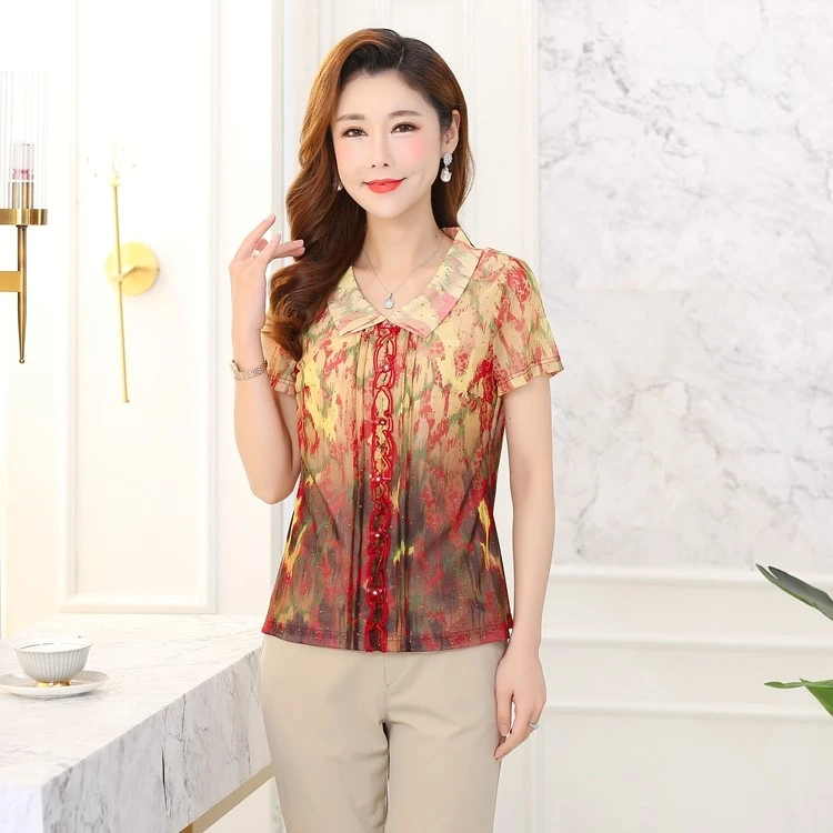 洋气女装新款时尚中年妈妈夏装短袖速干网纱衬衣50上衣薄冰丝