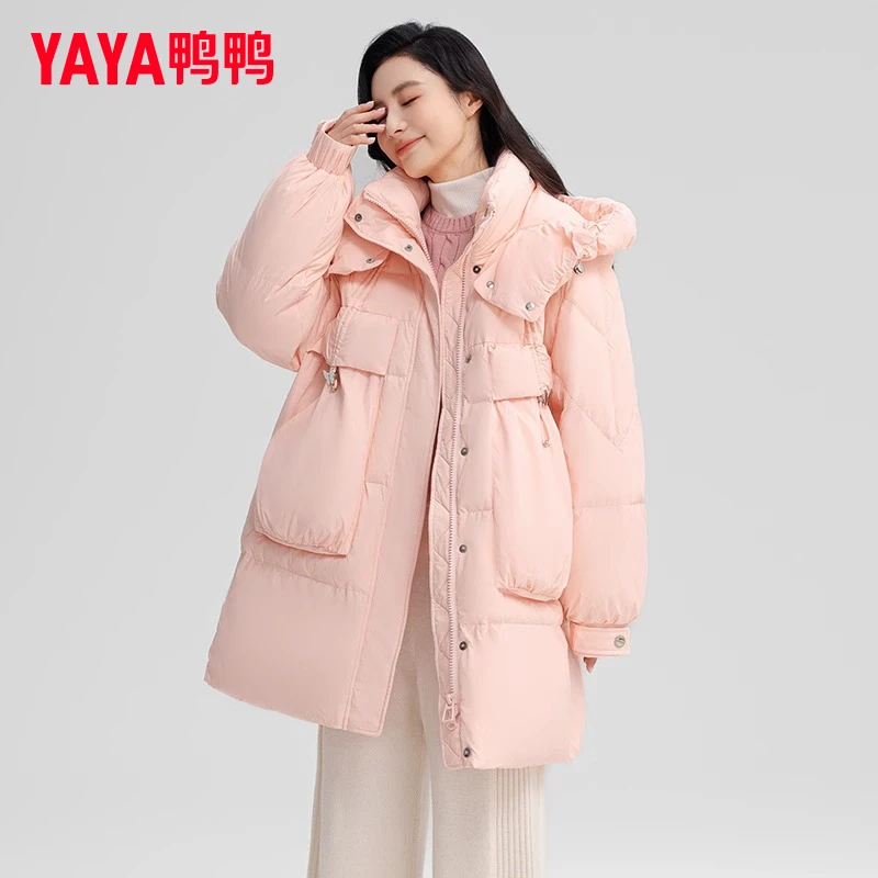 YAYA/鸭鸭羽绒服女中长款冬季纯色时尚休闲风保暖外套YE4B616381A