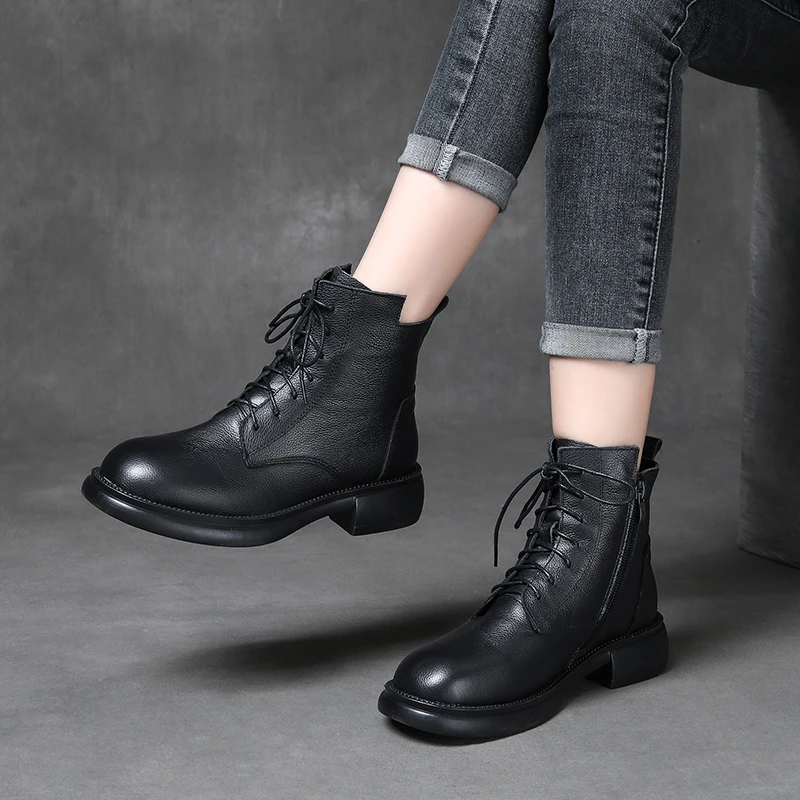 马丁靴女真皮2023年秋冬新款英伦风平底复古软皮后牛皮切尔西短靴