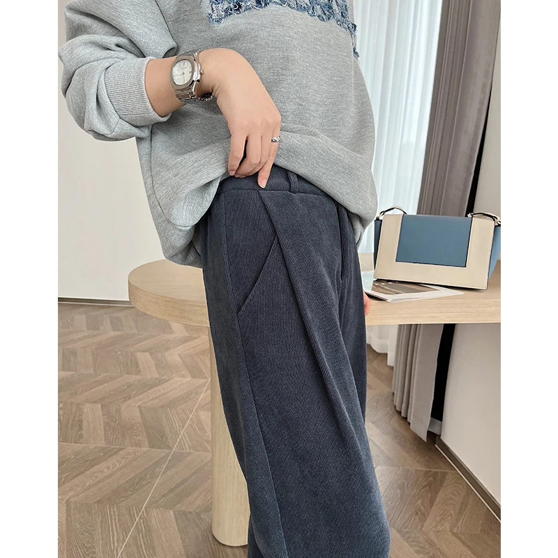 雪尼尔阔腿裤女秋冬高腰小个子垂感条绒高级窄版灯芯绒直筒拖地裤