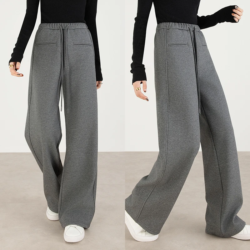 设计感灰色加绒阔腿裤女高腰垂感宽松运动卫裤针织香蕉直筒休闲裤