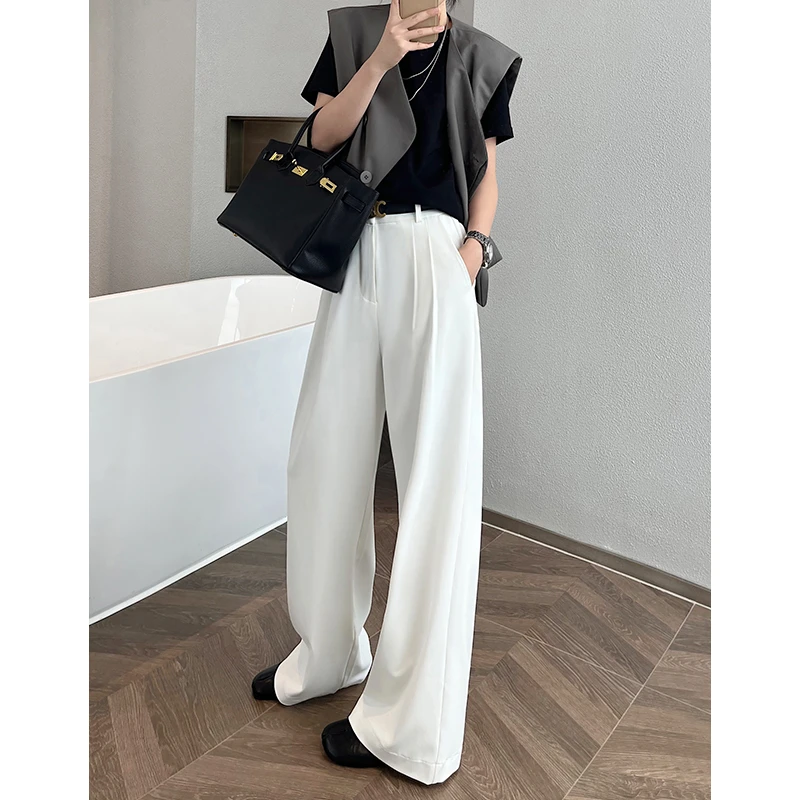 高端白色西装裤女春秋新款显瘦宽松高腰坠垂感直筒拖地阔腿裤