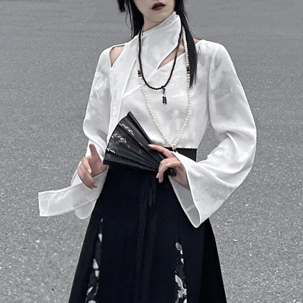 云鬓斜簪新中式飘带上衣女马面裙上衣高领镂空长袖宽松t恤提花